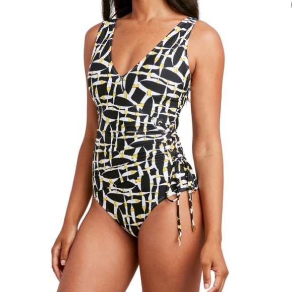 Tahari One-Piece Swimsuit Size Small Petite Lace Up Grommet Side Black Yellow SP - Picture 1 of 8